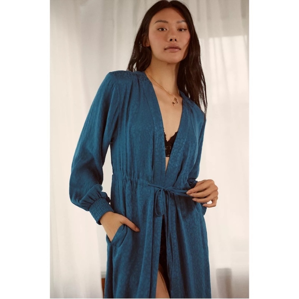 Anthropologie Blue Smocked Waist Maxi Dress Robe Boho Lounge Size L/XL NWT - Picture 4 of 13